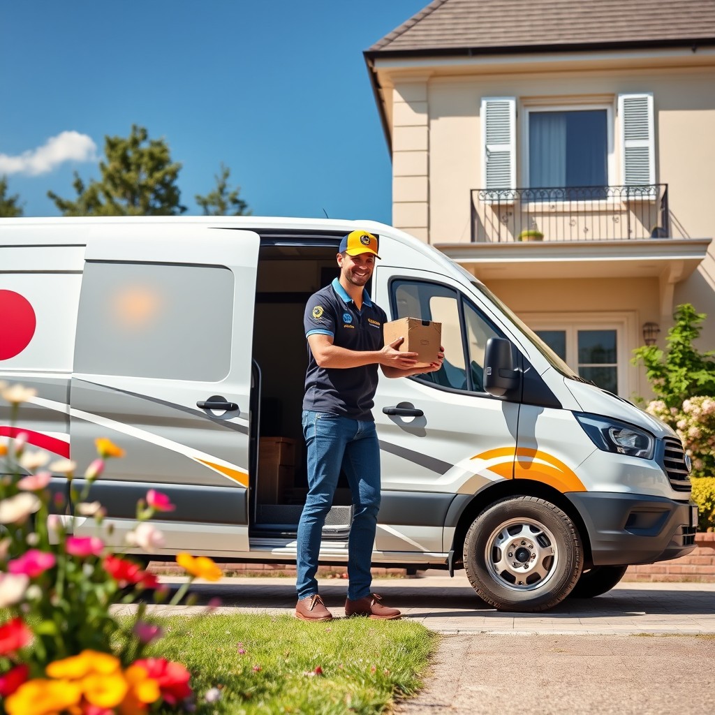 A dynamic delivery scene depicting a modern delivery van parked in front of a stylish home on a sunny Sunday