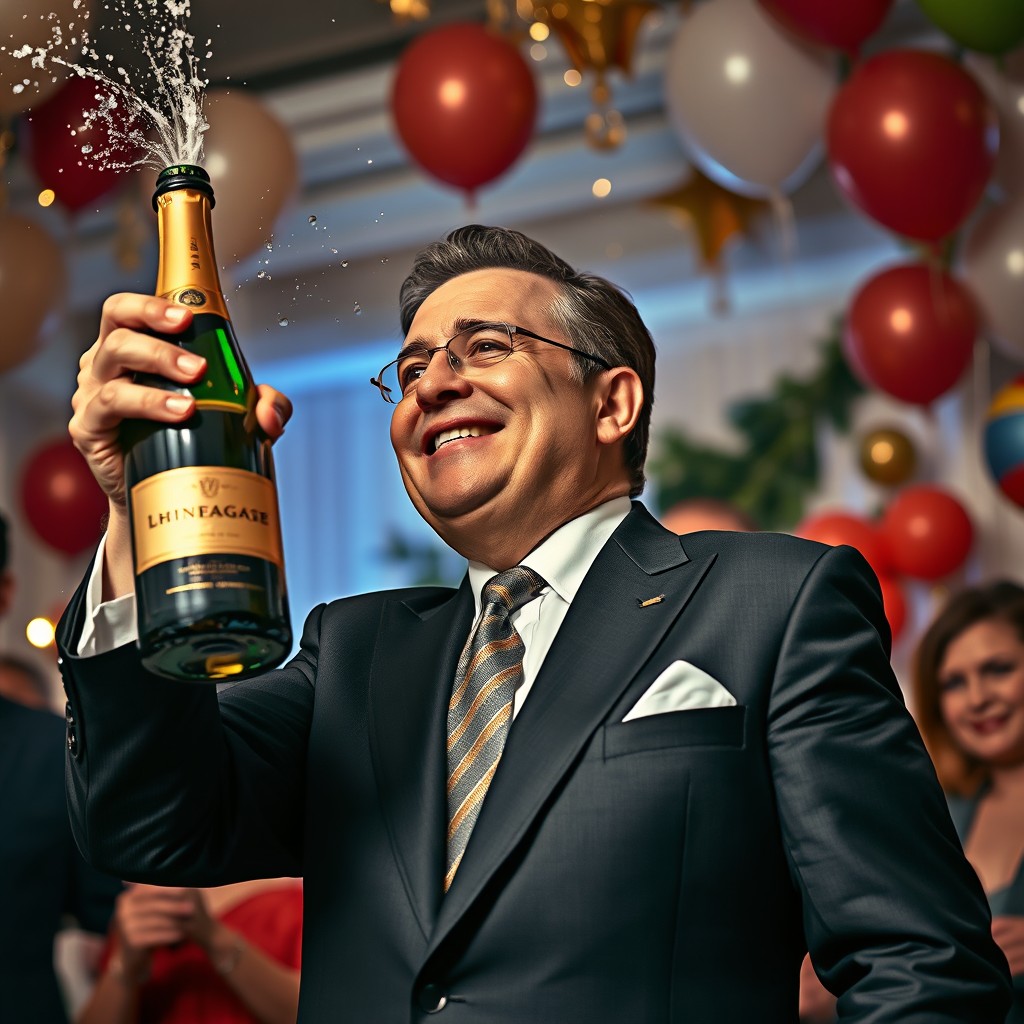 A scene depicting the governor of Buenos Aires elegantly opening a bottle of champagne, exuding confidence and joy with a bright smile