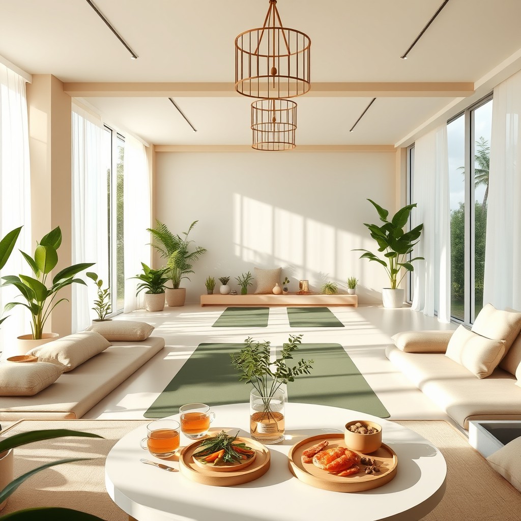 A luxurious in-house wellness retreat scene featuring serene indoor spaces designed for relaxation and rejuvenation