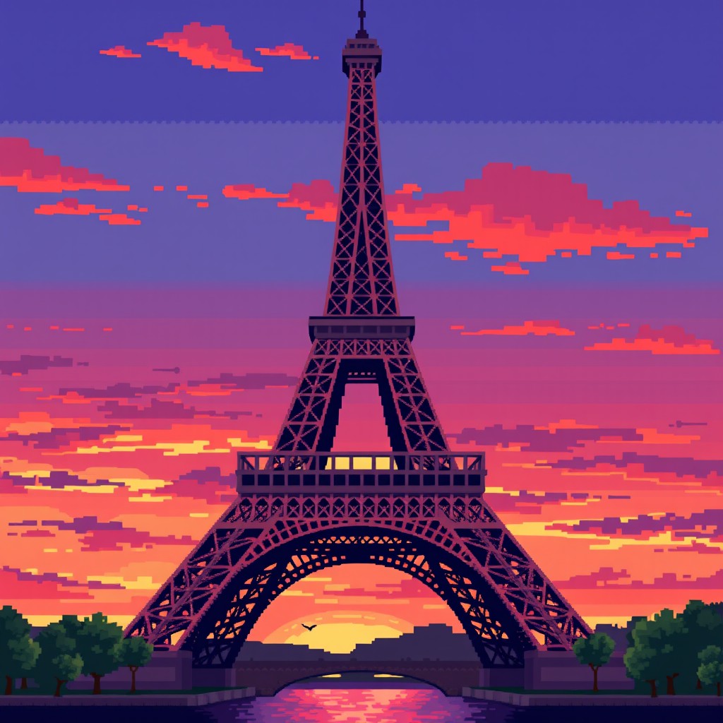 A pixel art depiction of the Eiffel Tower in Paris, showcasing its iconic silhouette and intricate iron lattice structure