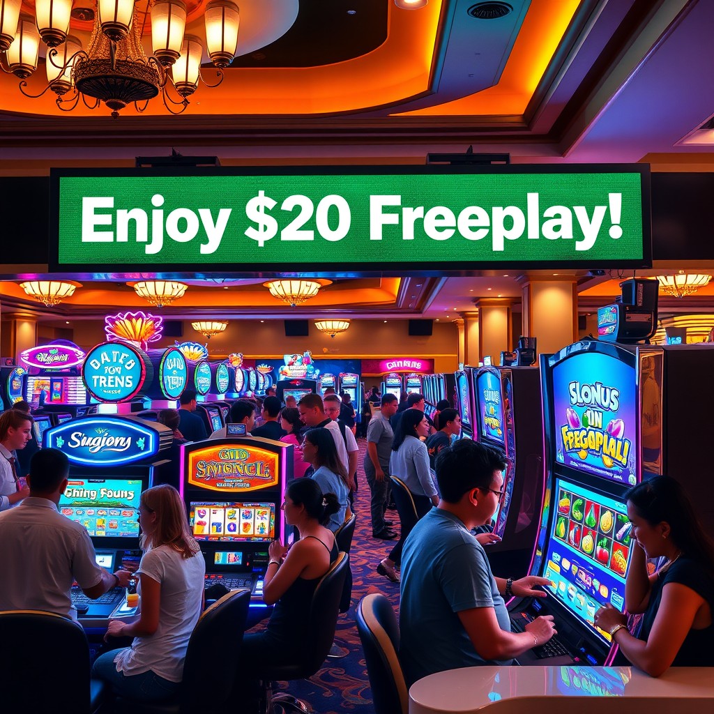 A vibrant and inviting casino atmosphere featuring a large digital sign that reads 'Enjoy $20 Freeplay!' in bold, glowing letters