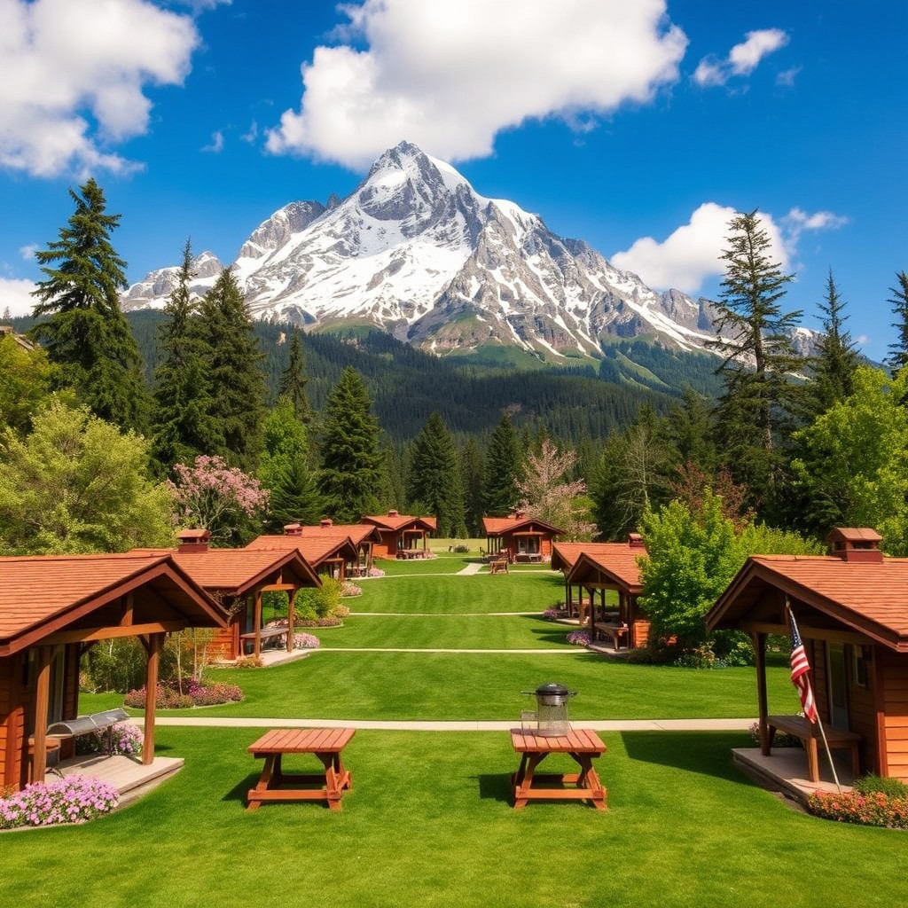 A picturesque scene at the foot of a majestic mountain, featuring 10 charming picnic houses