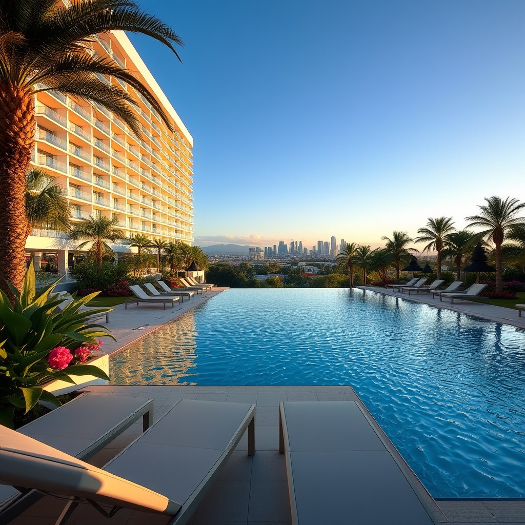 A stunning view of the Riu Plaza Guadalajara Hotel, showcasing its modern architecture against a clear blue sky
