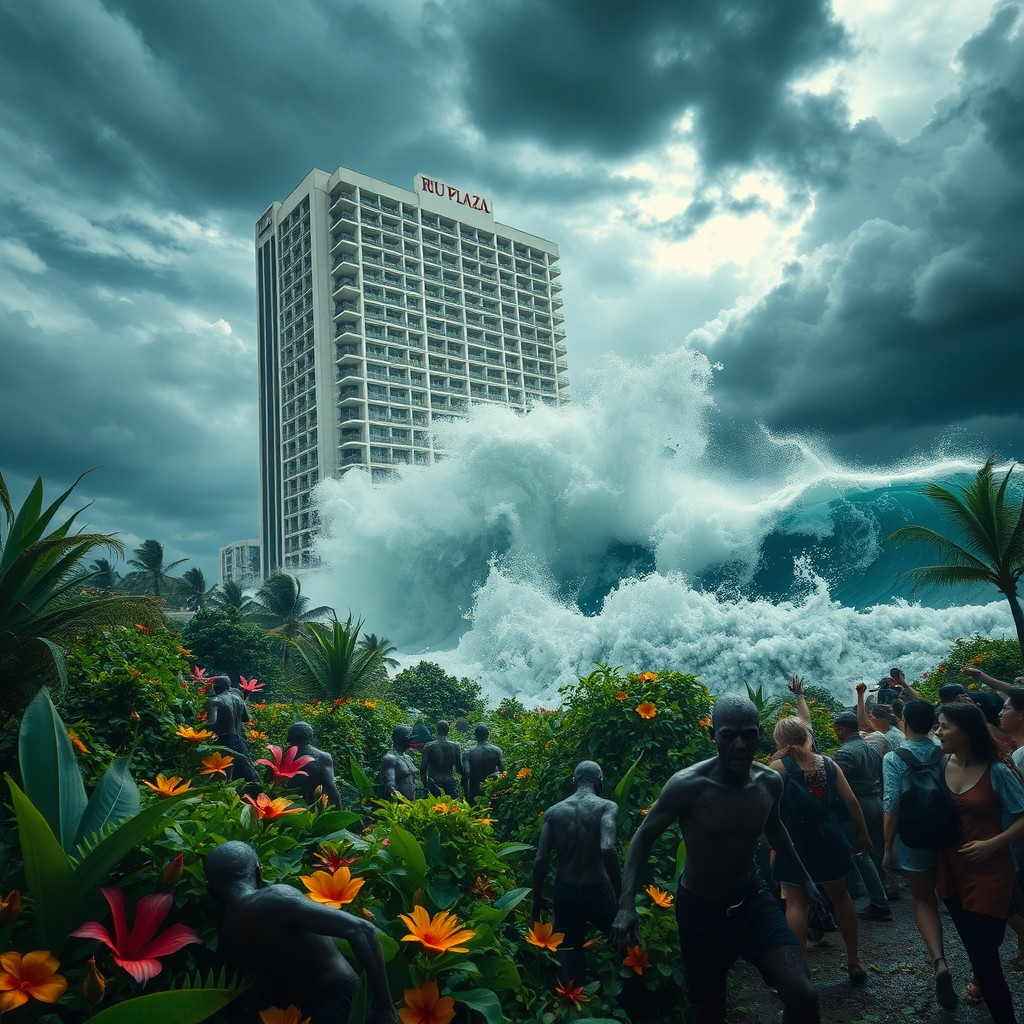 An intense and dramatic scene at the Riu Plaza Guadalajara Hotel during a zombie apocalypse and a tsunami