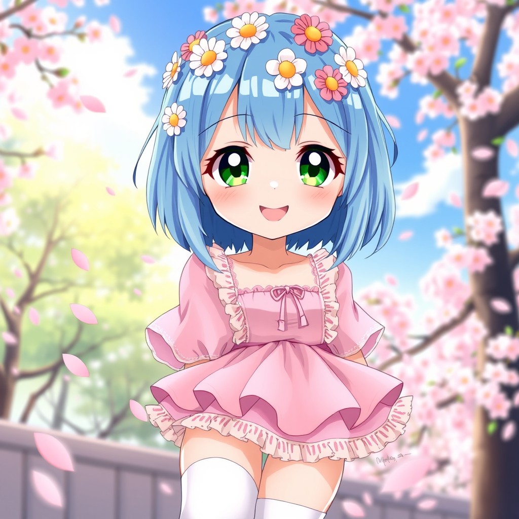 A vibrant anime girl with bright blue hair styled in a cute bob haircut, wearing a stylish pastel pink dress with frills and lace detailing, and white knee-high socks