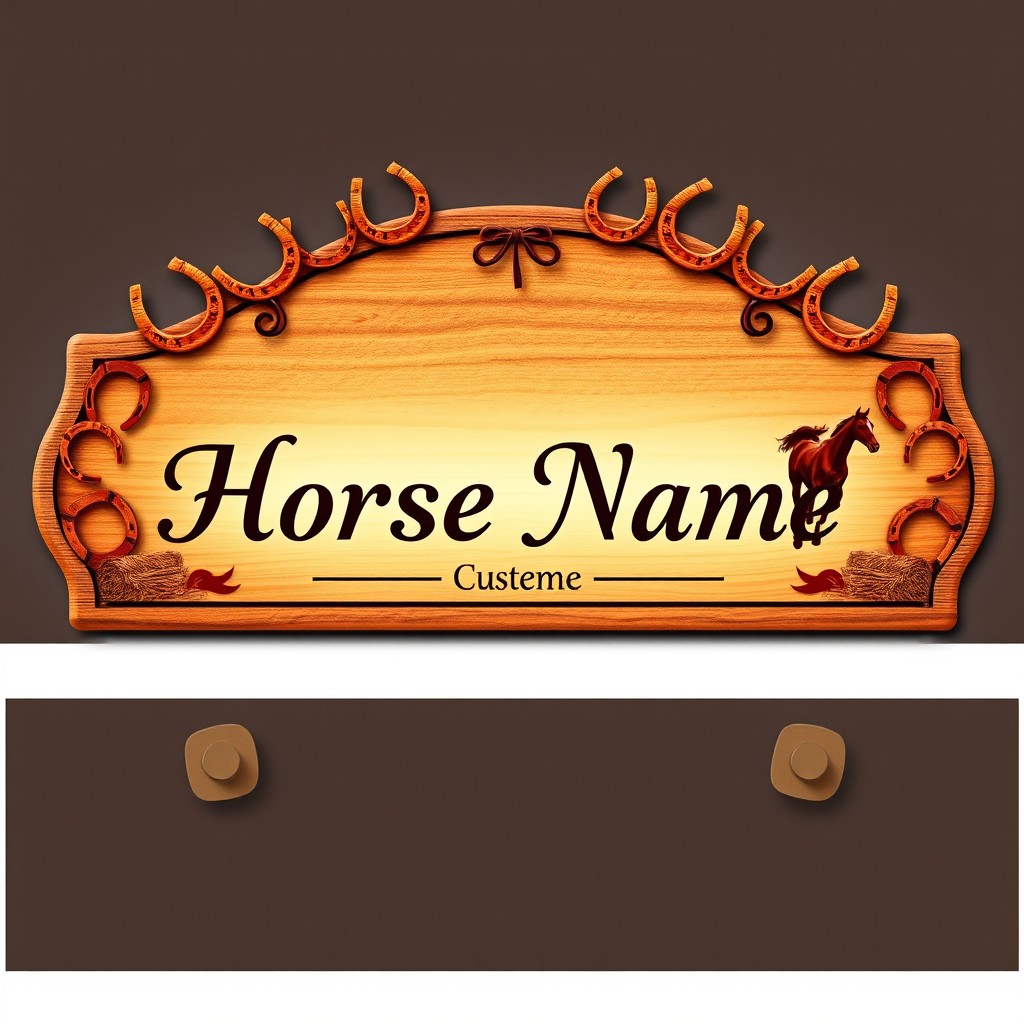 A custom horse name plate design featuring a beautiful and elegant font for the horse's name, surrounded by a decorative border of equestrian elements such as horseshoes, hay bales, and a few stylized horses running in the background