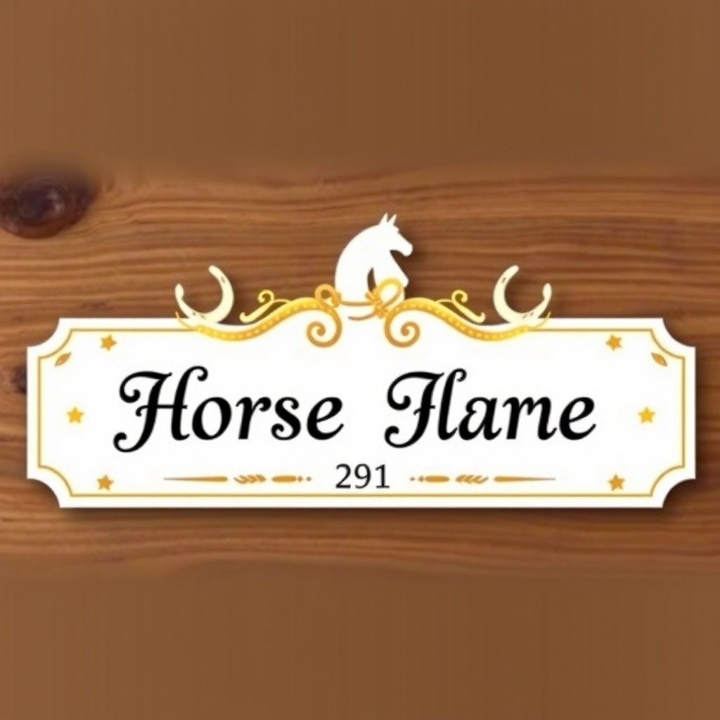 A personalized horse name plate featuring the horse's name in an elegant and decorative font, set against a rustic wooden background