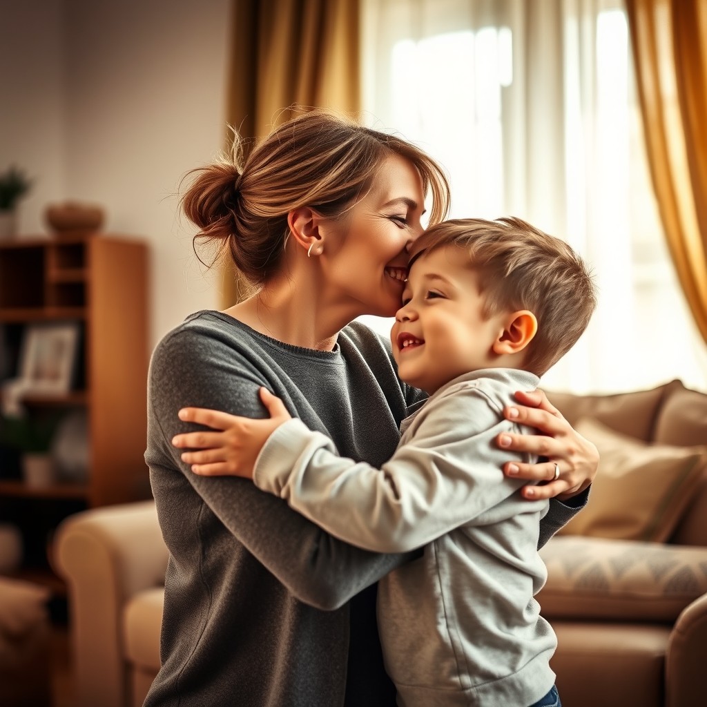 A tender moment between a mother and her son in a warm, loving environment
