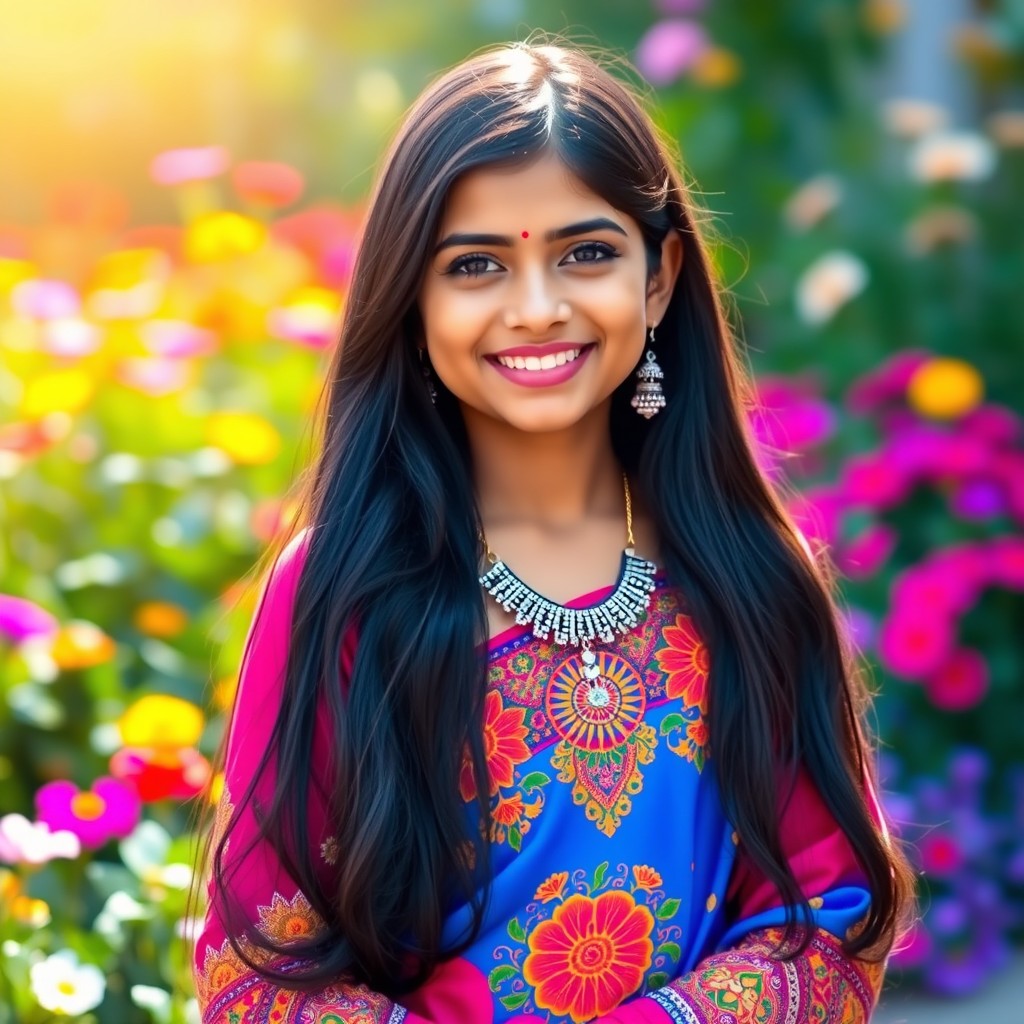A beautiful Indian girl with long black hair standing gracefully in a vibrant traditional outfit, featuring intricate embroidery and bright colors