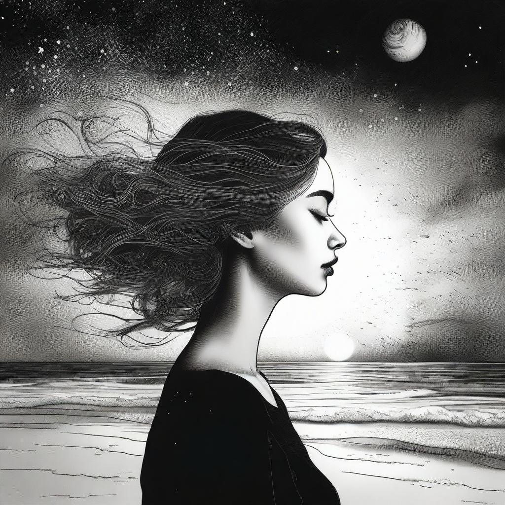 Create a detailed drawing showing a side-profile woman amidst a beach sunset. The background holds a dramatic portrayal of colliding galaxies transitioning from vivid color to striking black and white.