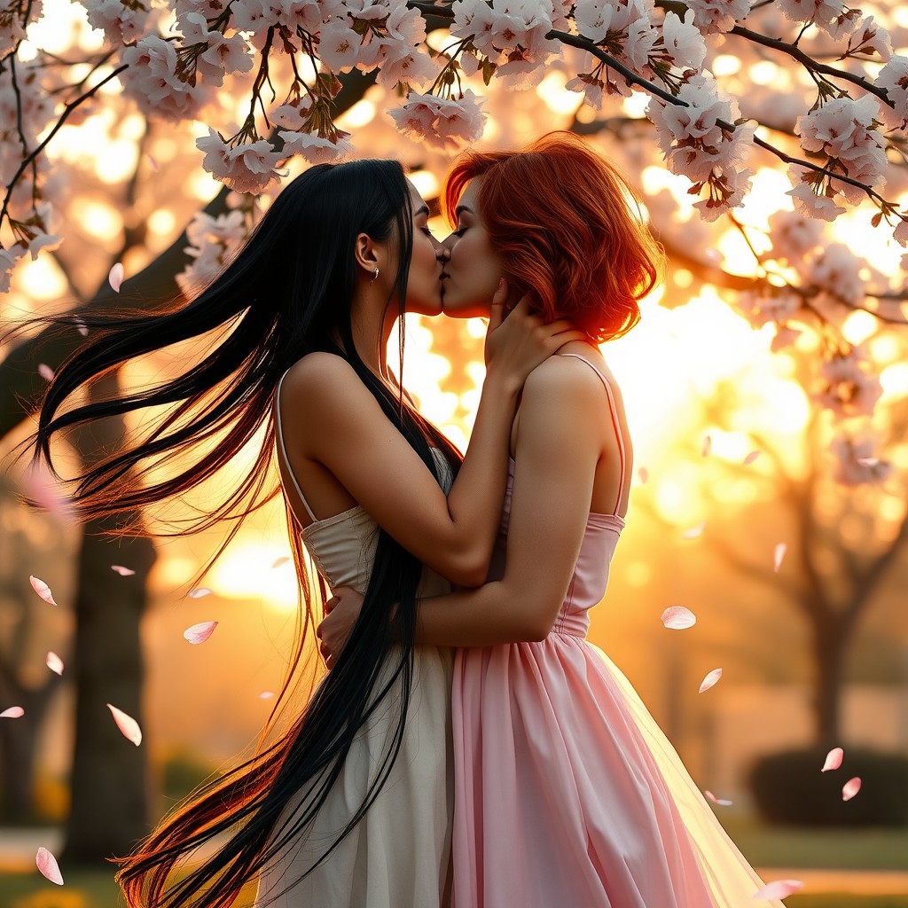 A romantic scene depicting two beautiful women in a warm embrace, sharing a tender kiss under a blossoming cherry blossom tree during sunset