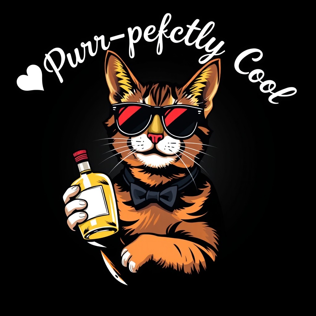 A stylish, colorful cat wearing sunglasses and holding a tequila in its paw, grinning mischievously at the camera