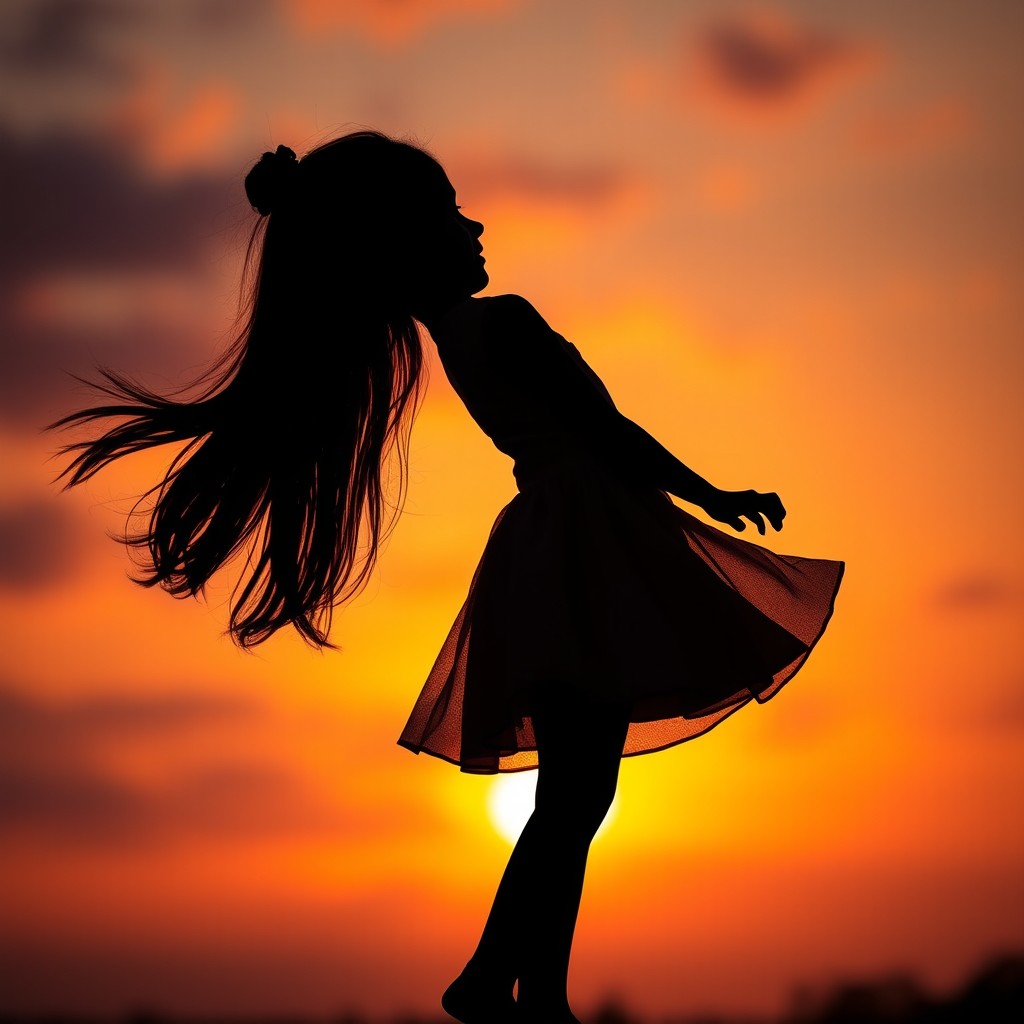 A striking silhouette of a young girl standing gracefully against a glowing sunset background