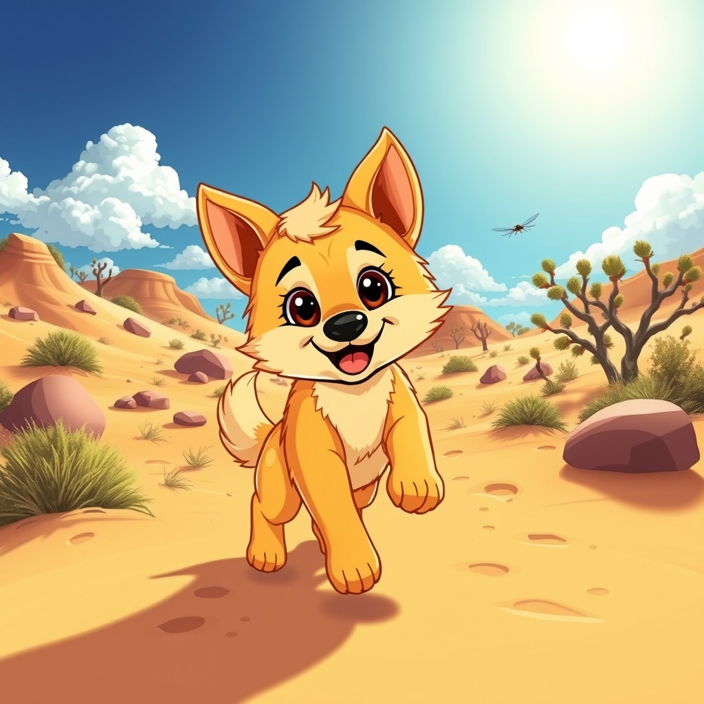 A cute cartoon character of a dingo puppy joyfully playing in the Australian desert