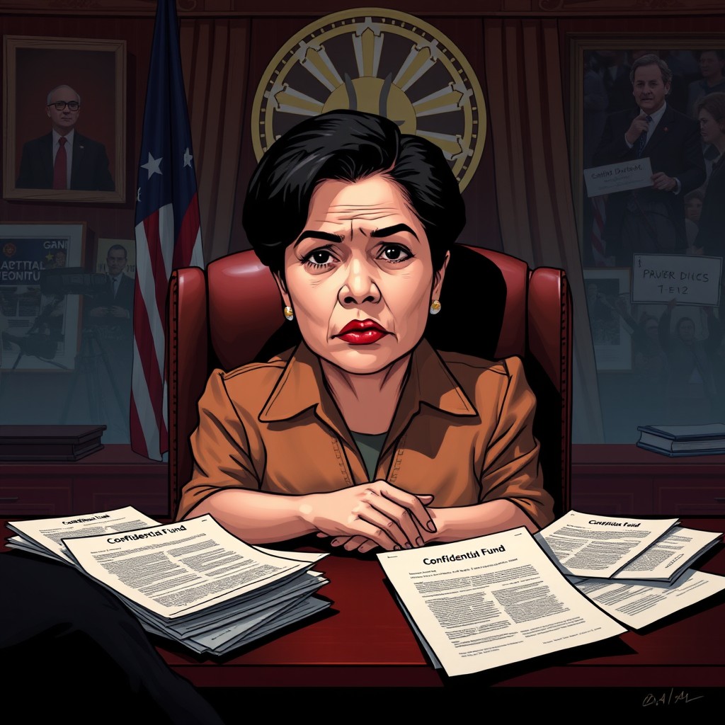 A conceptual illustration depicting Sarah Duterte surrounded by symbols of power and controversy