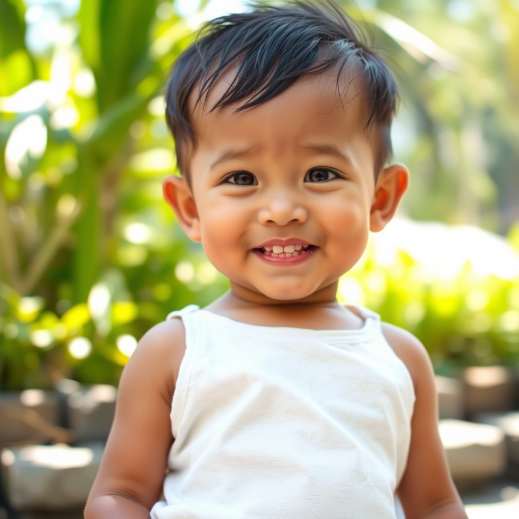 A Filipino child with innocent eyes, wearing a simple white sando and dark blue shorts, standing outdoors in a sunny environment