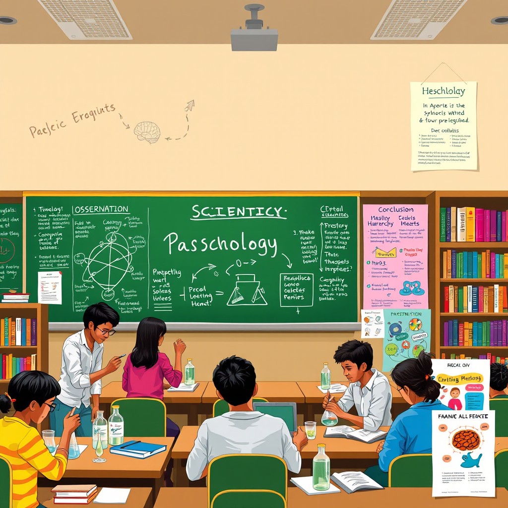 An engaging depiction of the scientific method in psychology, illustrating key elements such as observation, hypothesis formation, experimentation, data analysis, and conclusion