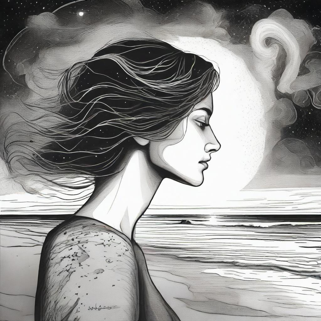 Create a detailed drawing showing a side-profile woman amidst a beach sunset. The background holds a dramatic portrayal of colliding galaxies transitioning from vivid color to striking black and white.