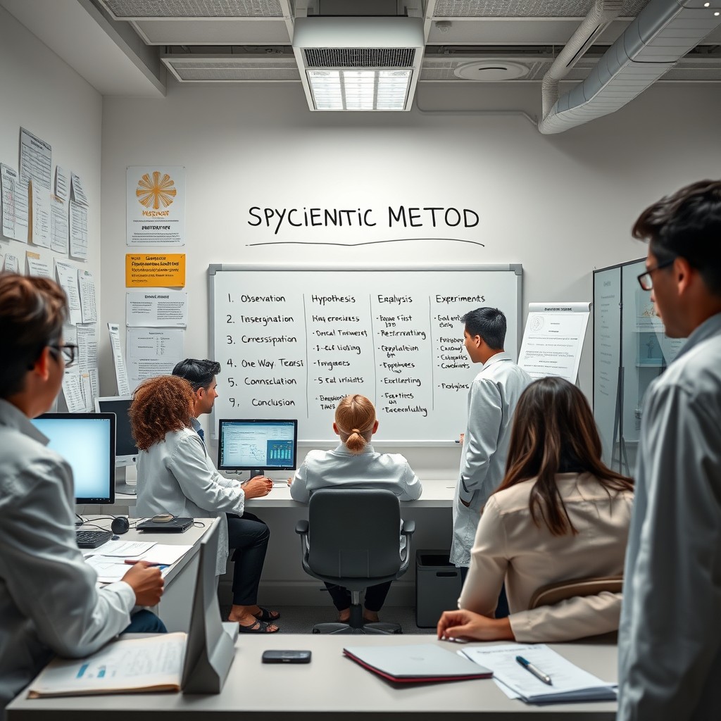 An intricate visualization of the scientific method applied to observe human psychology, featuring a diverse group of researchers in a modern psychology lab