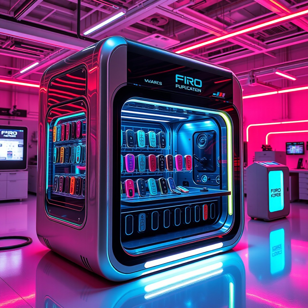 A futuristic car key duplication machine, sleek and high-tech design with glowing elements, metal and glass materials, showcasing an array of colorful, advanced car keys on display, a bright, modern workshop setting with digital screens and holograms, sleek lines and a minimalistic aesthetic, intricate details on the keys, vibrant neon lighting that adds a dynamic atmosphere