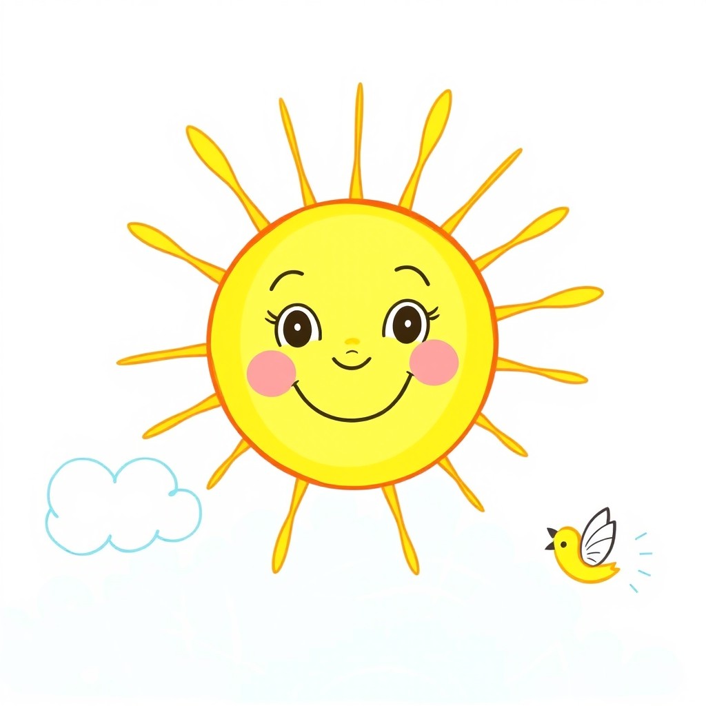 A simple and engaging drawing of a sun with yellow rays, illustrated in a child-friendly style suitable for kids aged 3 to 8 years