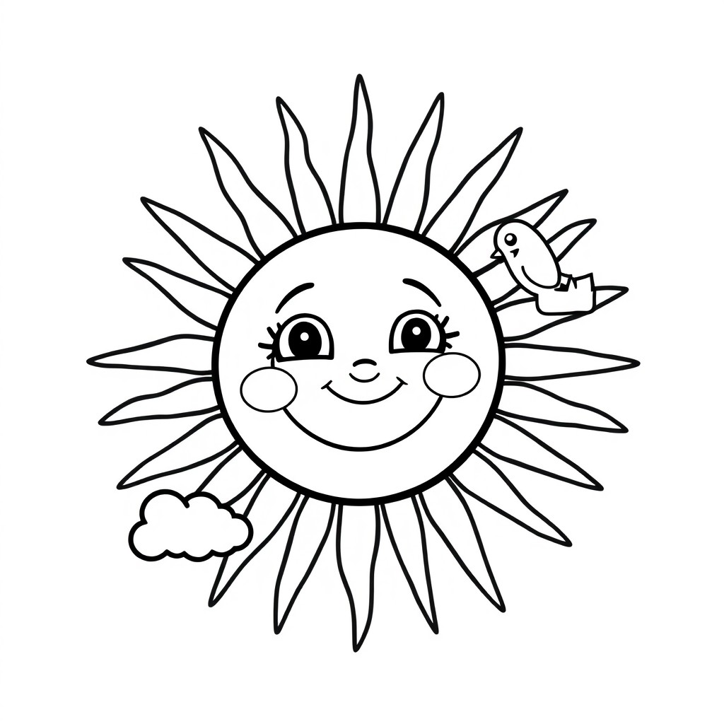 A simple black and white line drawing of a sun, designed in a way that's appealing and engaging for children aged 3 to 8 years