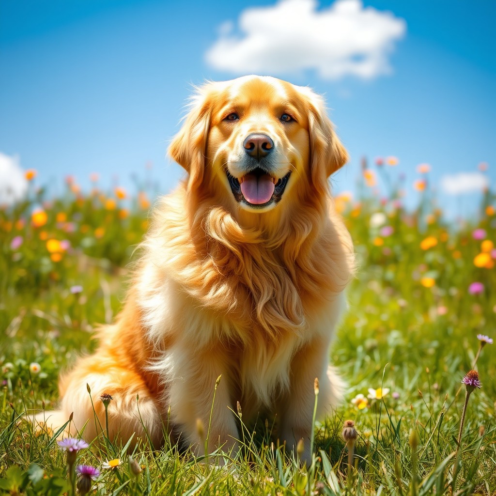 A majestic and fluffy golden retriever sitting proudly on a sunlit grassy meadow, with a backdrop of vibrant wildflowers under a clear blue sky