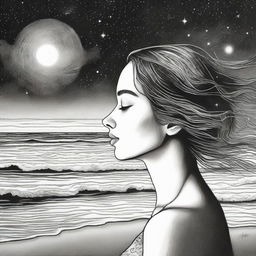 Create a detailed drawing showing a side-profile woman amidst a beach sunset. The background holds a dramatic portrayal of colliding galaxies transitioning from vivid color to striking black and white.