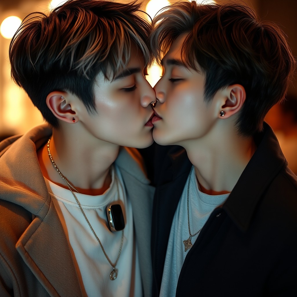 A close-up, romantic scene featuring two handsome young men, Jeno and Jaemin, sharing a sweet kiss