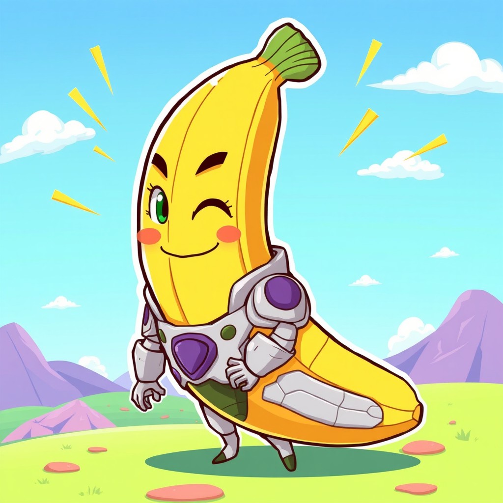 A whimsical and colorful illustration of a banana character transformed into a Dragon Ball-inspired character named Cell