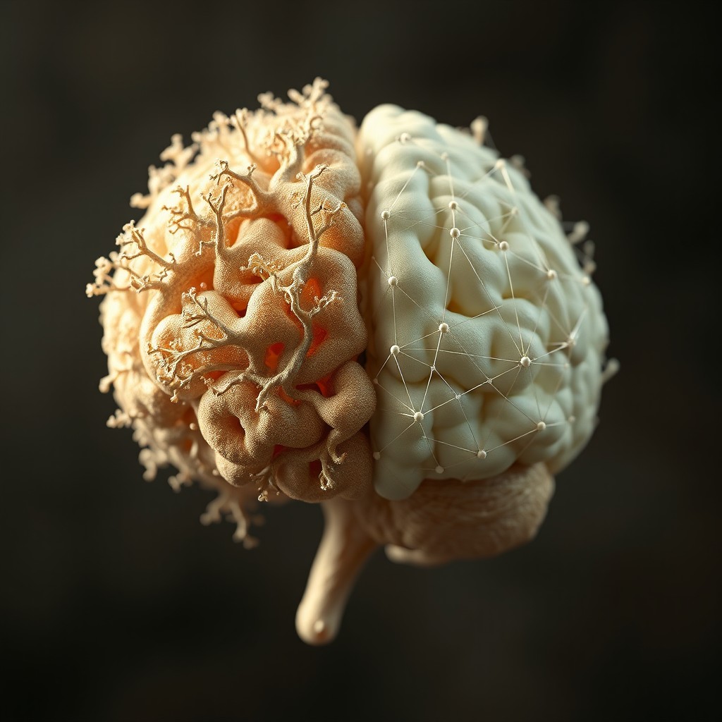An intricate 3D representation of a human brain, creatively designed to showcase half of the brain constructed from organic mycelium, with delicate, flowing textures resembling fungal networks
