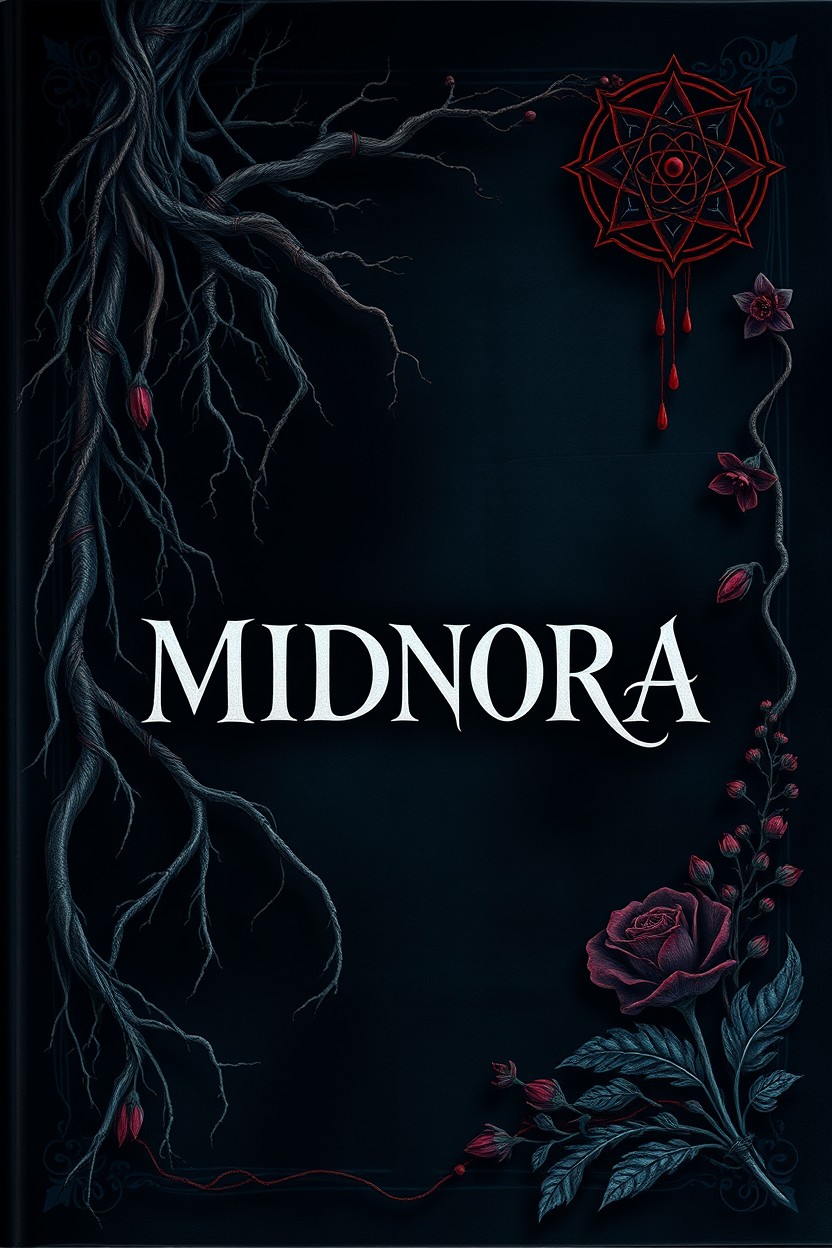 A book cover titled "MIDNORA" prominently displayed in the center, featuring a dark fantasy and romance theme entwined with supernatural elements and vampires