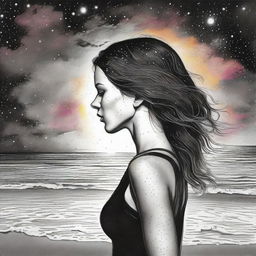 Create a detailed drawing showing a side-profile woman amidst a beach sunset. The background holds a dramatic portrayal of colliding galaxies transitioning from vivid color to striking black and white.