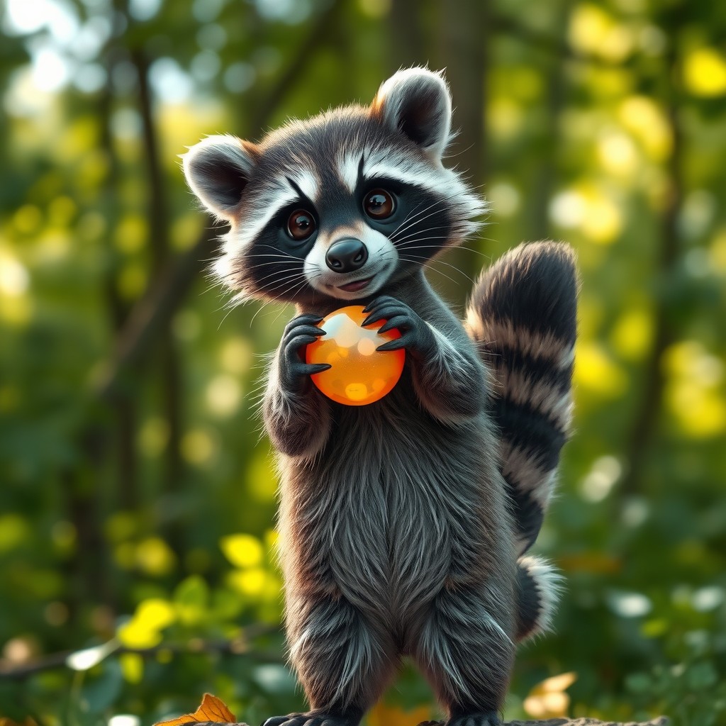 A cute raccoon standing on its hind legs, holding a shiny, colorful object in its paws