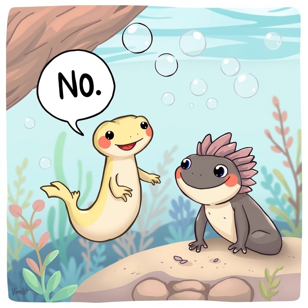 A whimsical illustration of a tadpole asserting 'no' with a comical expression, surrounded by playful bubbles