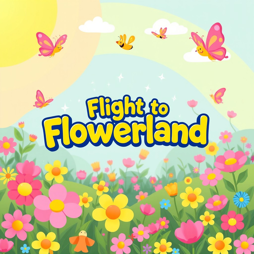 A vibrant and colorful banner designed for a kids event titled 'Flight to Flowerland'