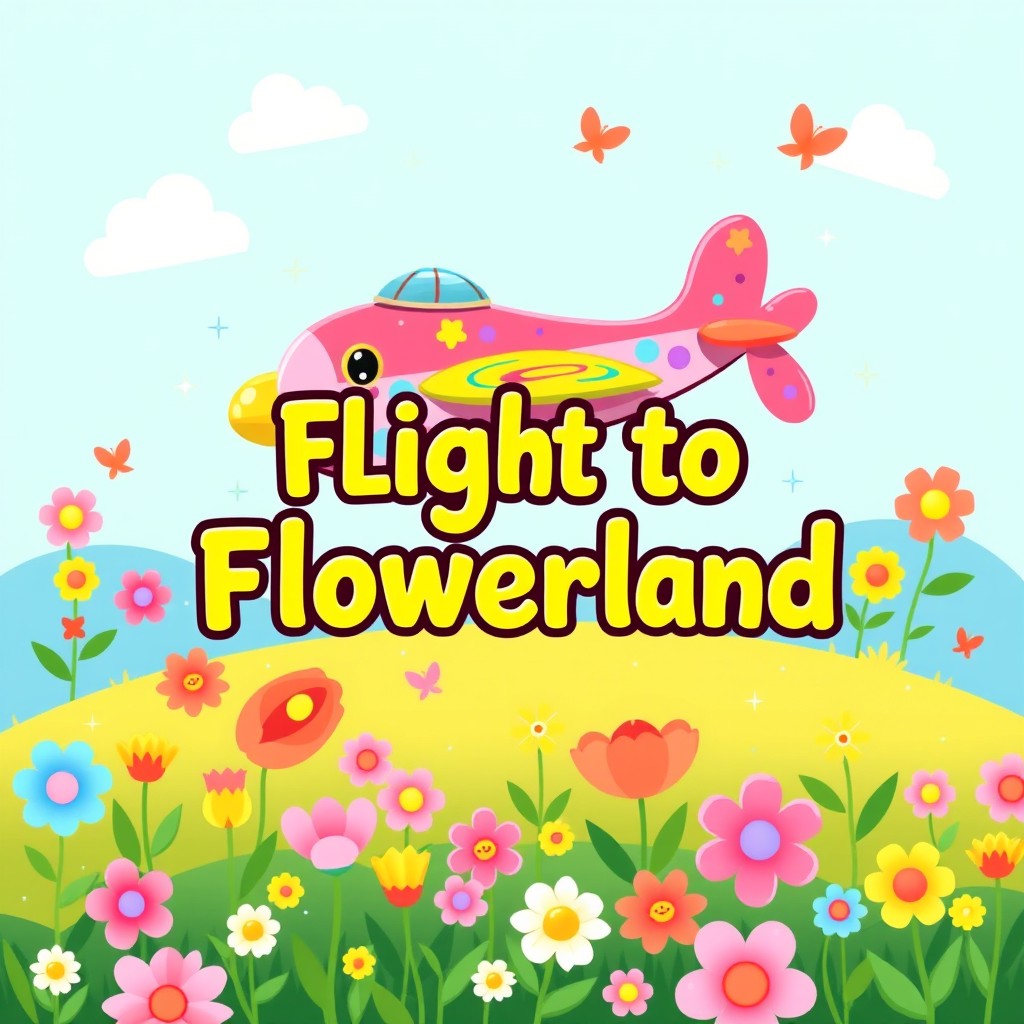 A vibrant and colorful banner designed for a kids party titled 'Flight to Flowerland'