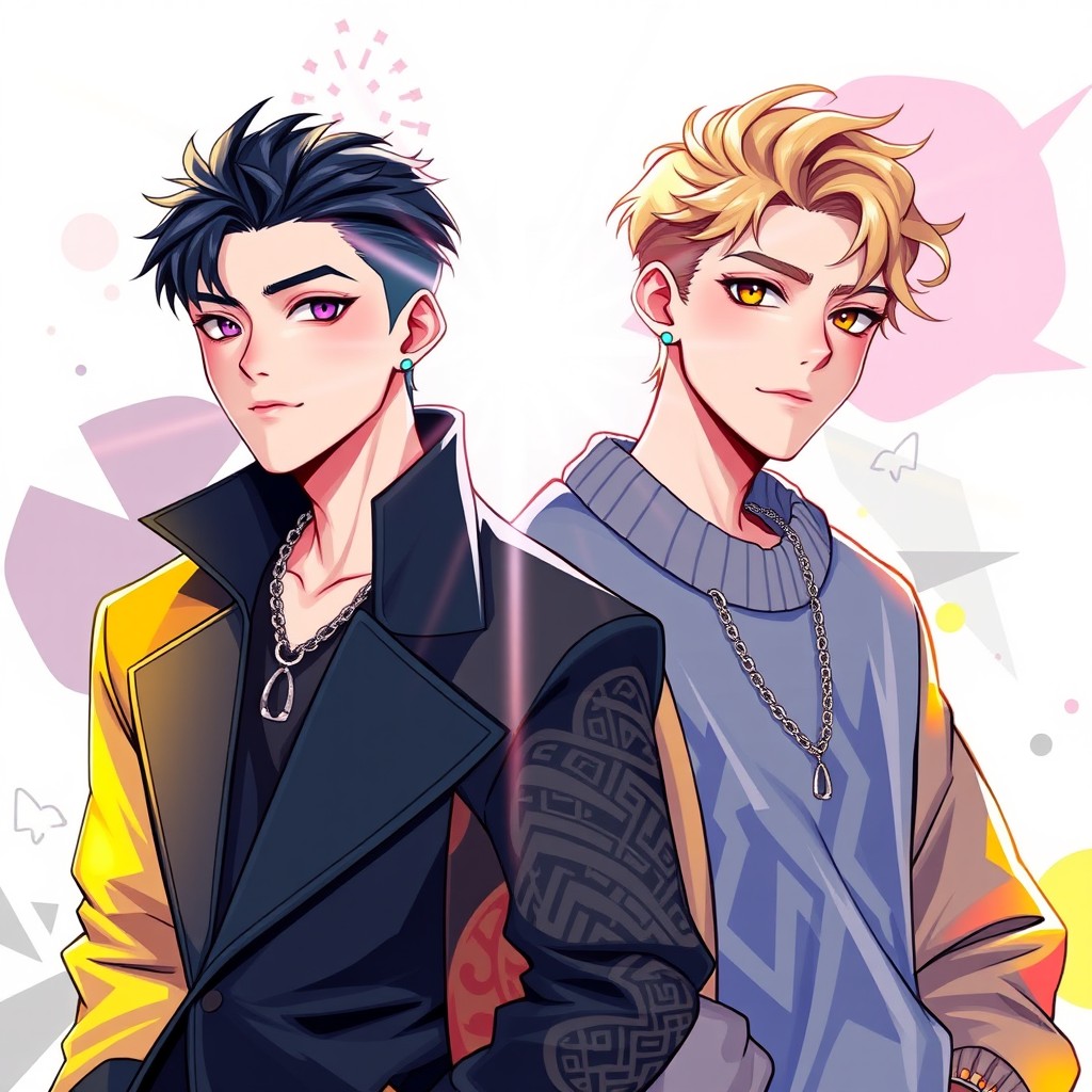 A stylized digital portrait of two male characters inspired by K-pop aesthetics, embodying youthful energy and charisma