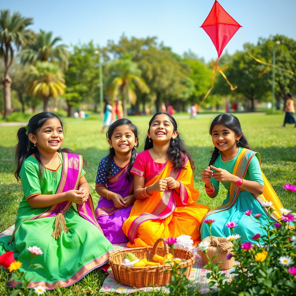 A joyful scene featuring a group of adorable young girls of Indian descent, around the ages of 10, dressed in colorful traditional clothing, playing in a vibrant, sunny park filled with greenery and blooming flowers