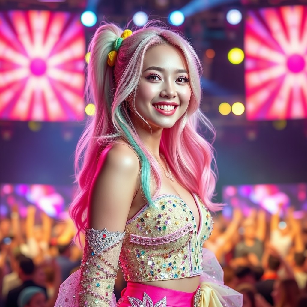 A stunning female K-pop idol, age 24, with vibrant hair in a playful pastel color, wearing a stylish and colorful outfit adorned with sequins and sparkles
