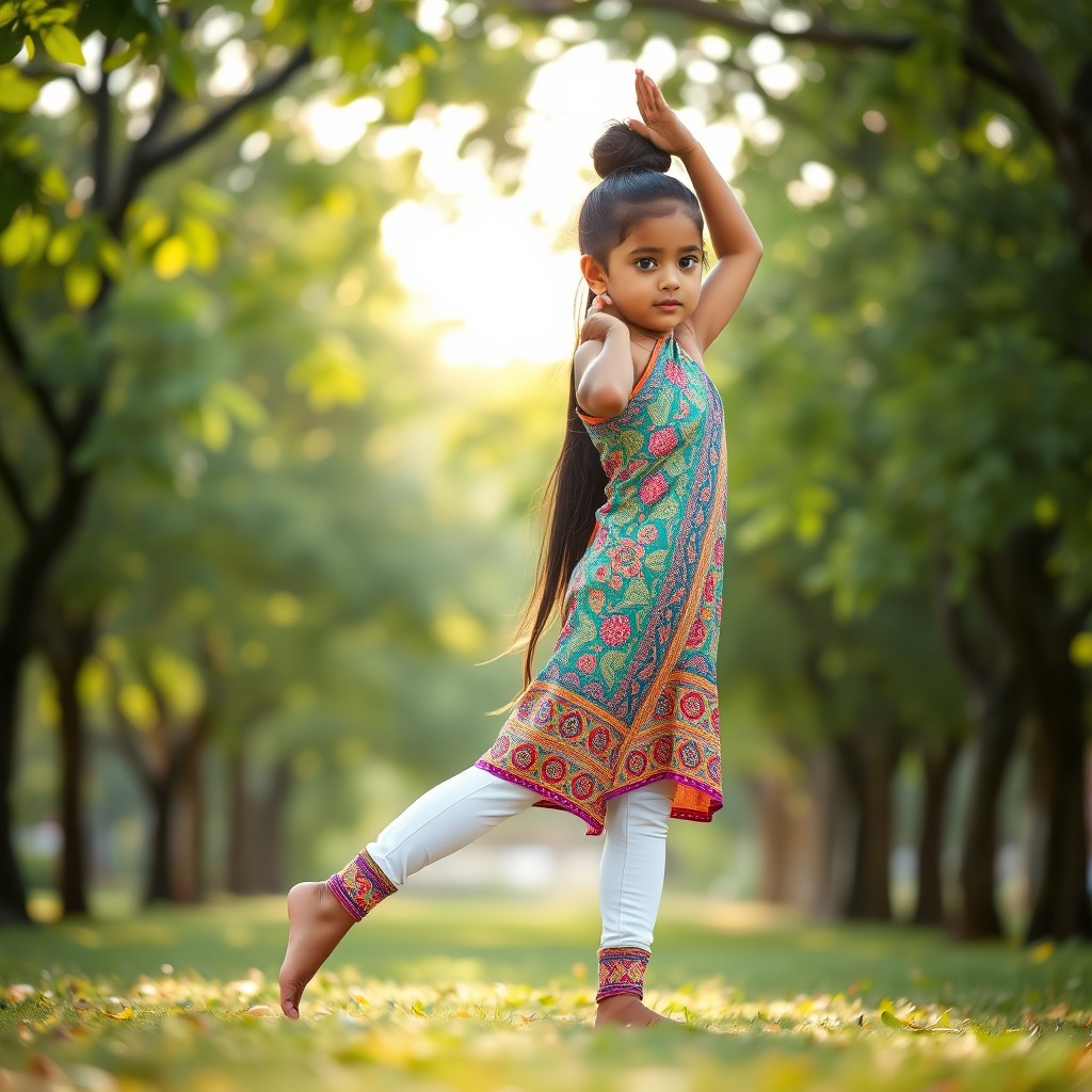 A serene and peaceful scene featuring a 10-year-old Indian girl practicing yoga in a tranquil outdoor setting