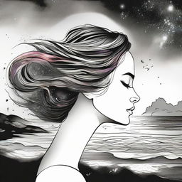 Draft a dramatic drawing of a side-profile woman set against a beach at sunset. In the background, colliding galaxies transition from vibrant colors to stark black and white.