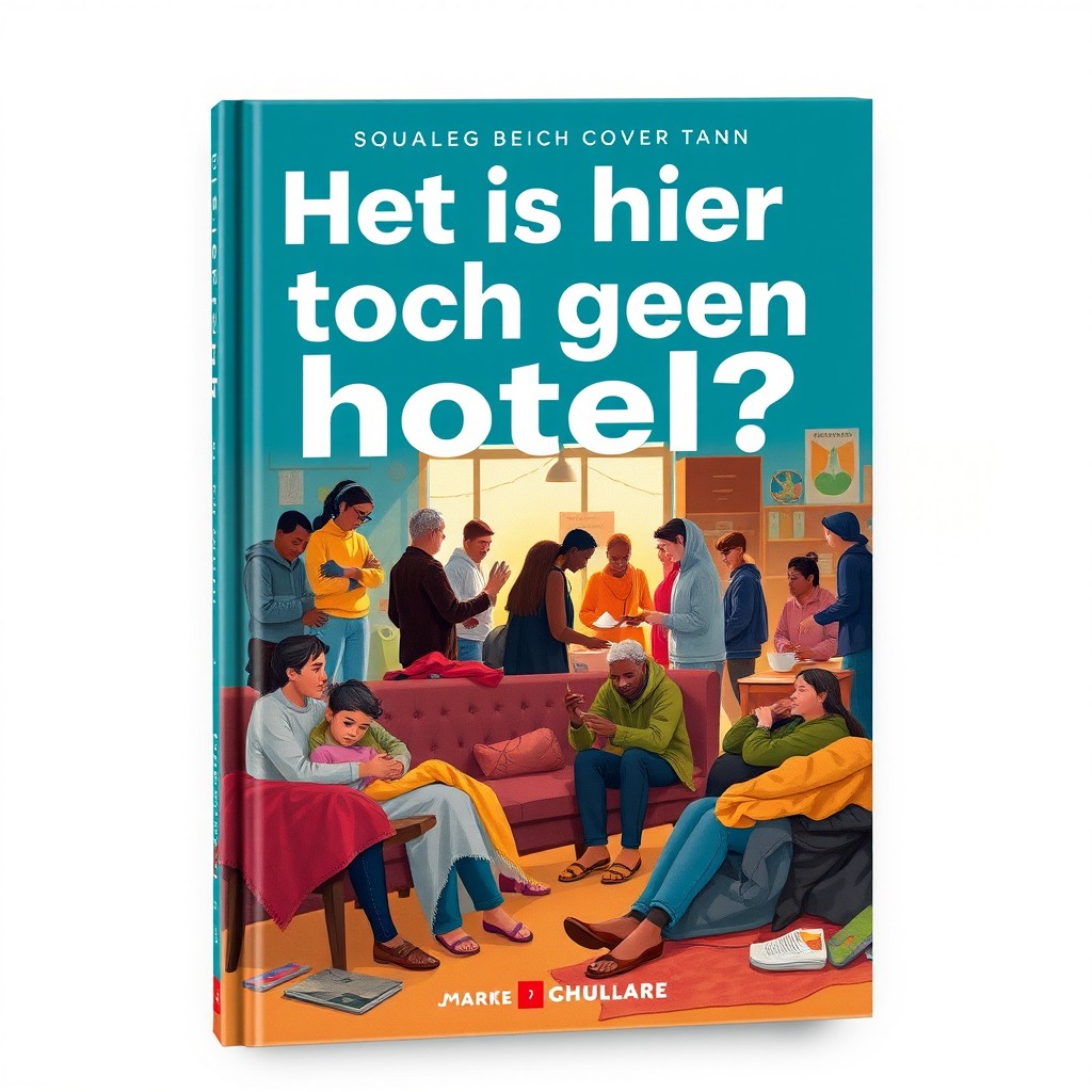 A thought-provoking book cover design for 'Het is hier toch geen hotel?', featuring a depiction of a bustling homeless shelter scene