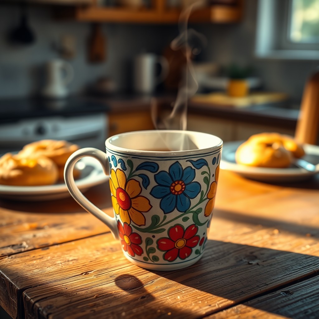 A beautifully designed ceramic coffee cup, painted with intricate floral patterns in vibrant colors like blue, yellow, and red