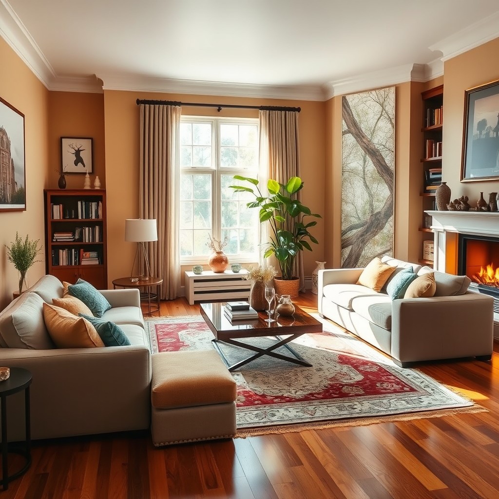 A cozy and inviting living room, featuring a plush sofa and an elegant coffee table in the center