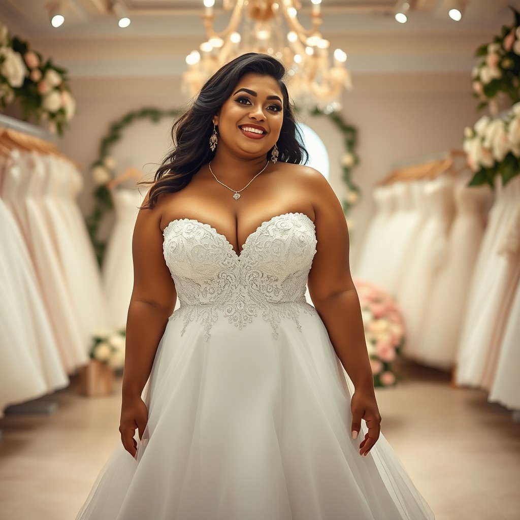 A curvy bride radiating joy and confidence in her stunning wedding dress