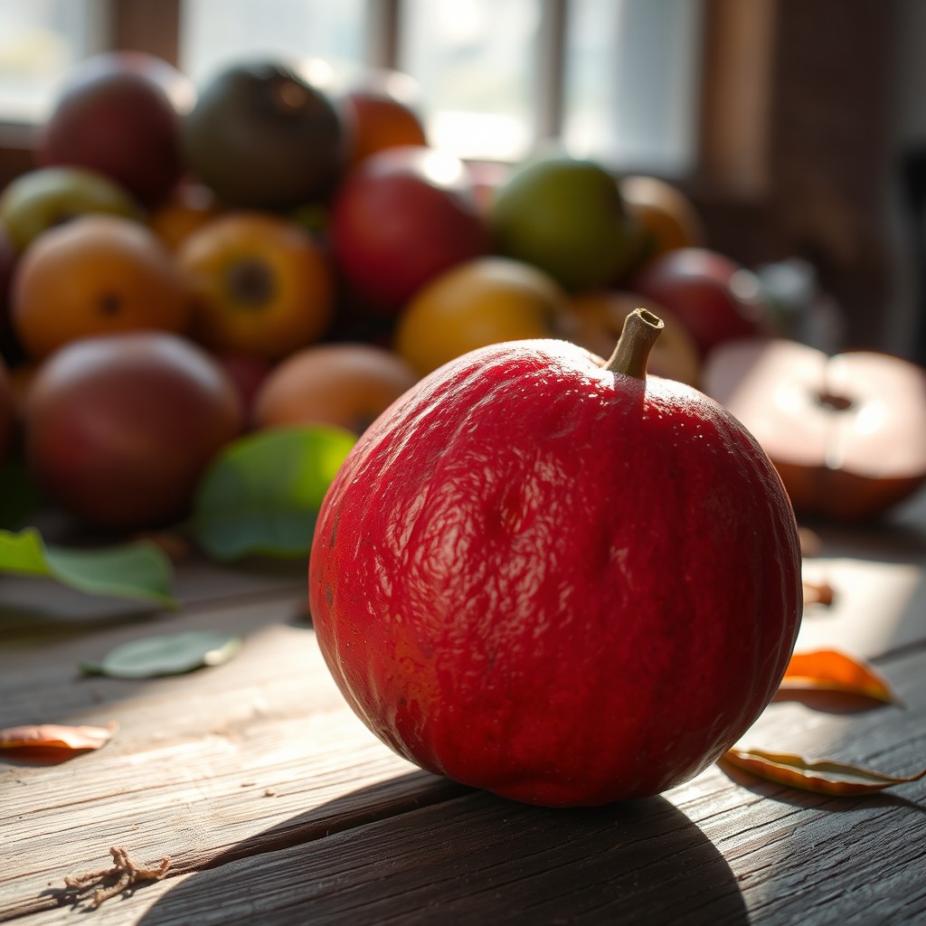 A close-up shot of a Pictote fruit, displaying its rich texture and vibrant red color, sitting on a rustic wooden table