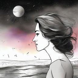 Draft a dramatic drawing of a side-profile woman set against a beach at sunset. In the background, colliding galaxies transition from vibrant colors to stark black and white.