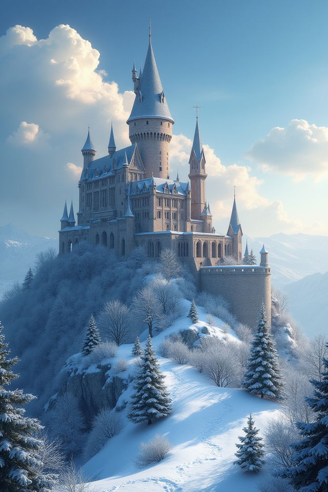 A captivating book cover design featuring a majestic castle perched atop a snowy hill, surrounded by a serene winter landscape