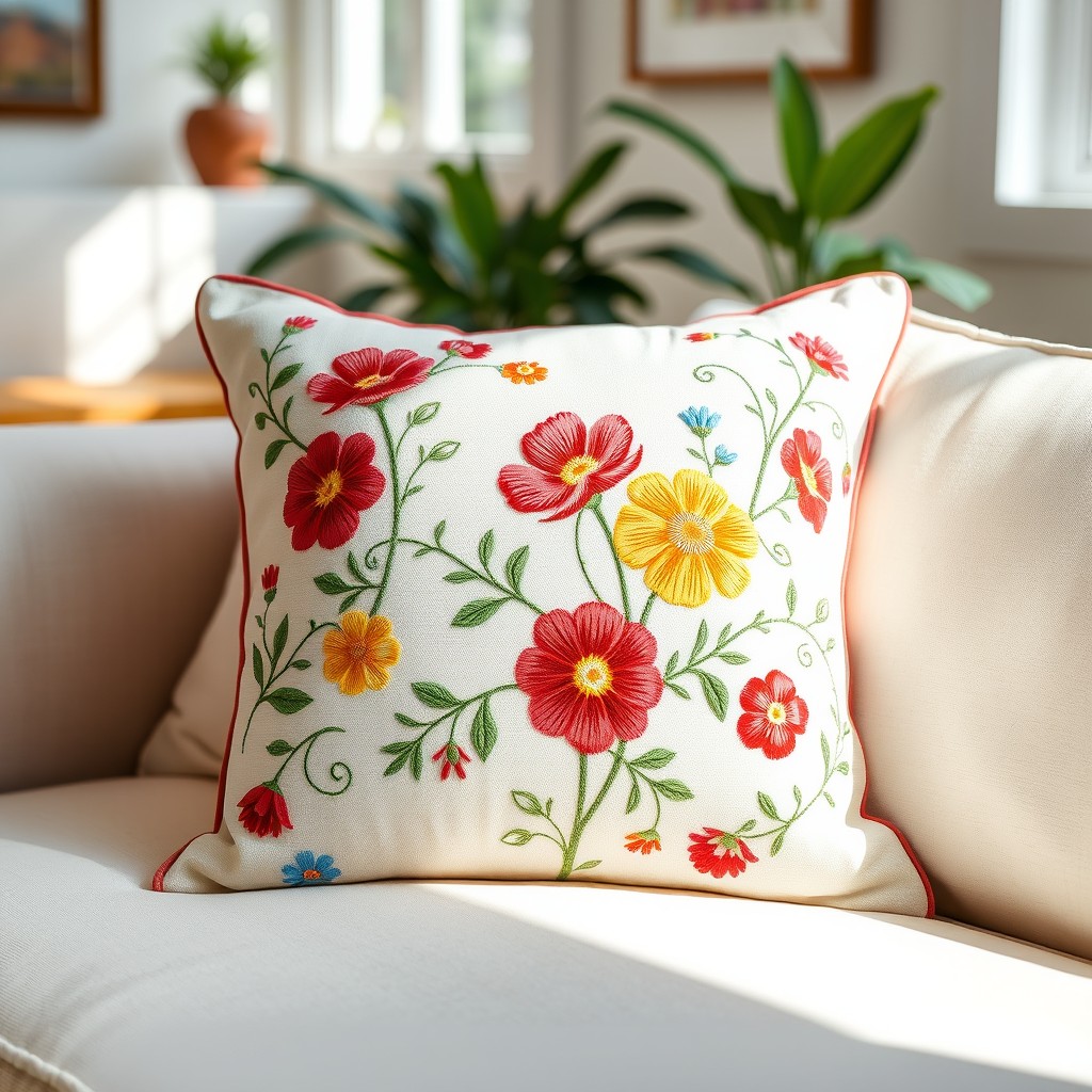 A beautifully designed floral embroidery cushion featuring intricate patterns of blooming flowers in various colors like red, yellow, and blue